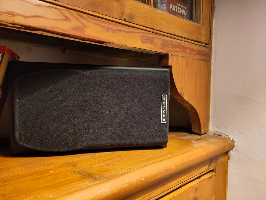 Finished speaker sitting on a shelf with a 3D printed 'bercow' label. What else would you call a speaker?